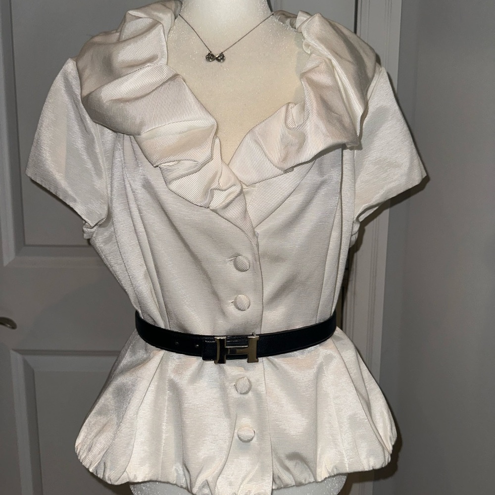 Teri Jon Ricki Freeman White Bustier Blouse with Notched Collar